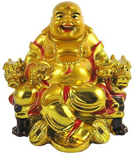 Pure Life FENG SHUI VASTU RELIGIOUS GOLDEN LAUGHING BUDDHA SITTING ON DRAGON CHAIR WITH COIN FOR PROSPERITY LUCK AND WEALTH HOME PROTECTION Decorative Showpiece  -  7.5 cm