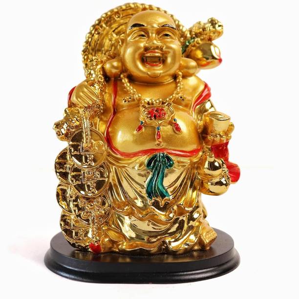 The Spiritual Living Golden Feng Shui Laughing Buddha Statue with Potli Bag and Ingot | Decorative Showpiece  -  12.7 cm