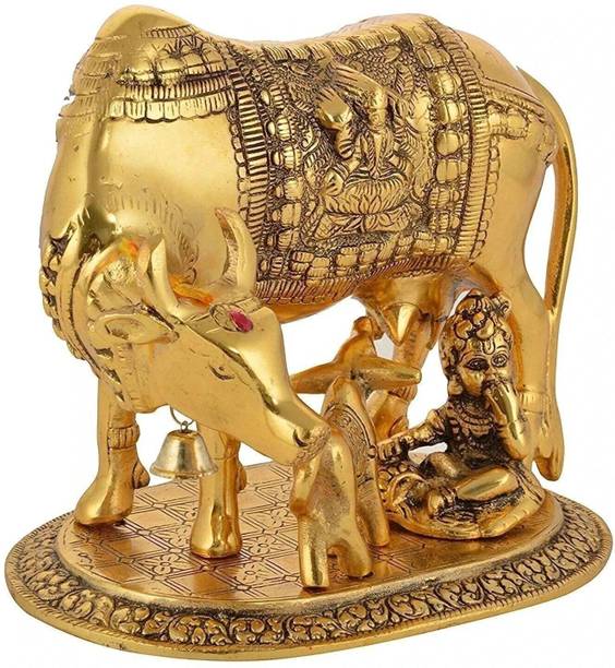 AARSHI CREATION Kamdhenu Cow and Calf with Krishna Idol Hindu Figurine for Home Temple Decorative Showpiece  -  14 cm