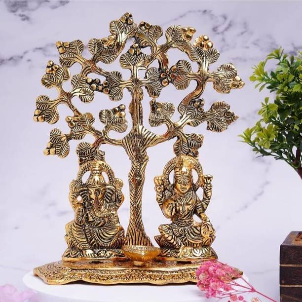 The Finishing Touch Aluminium Golden Laxmi Ganesh Diya Statue 8 cm Pooja Decor Idol Decorative Showpiece  -  8 cm