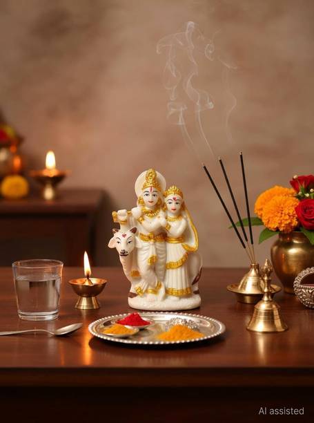 RADHA RANI ENTERPRISE Radha Krishna Murti Cultured Marble with Kamdhenu Cow, Radha Krishna Statue Decorative Showpiece - 10 cm
