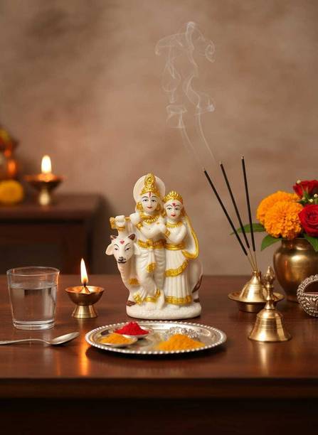 RADHA RANI ENTERPRISE Radha Krishna Murti Cultured Marble with Kamdhenu Cow, Radha Krishna Statue डेकोरेटिव शोपीस  -  10 cm