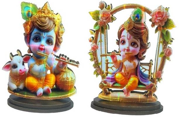 Adhvik Pack of 2 MDF Cow Krishna & Jhula Krishna Idol for Dashboard Decorative Showpiece  -  10 cm