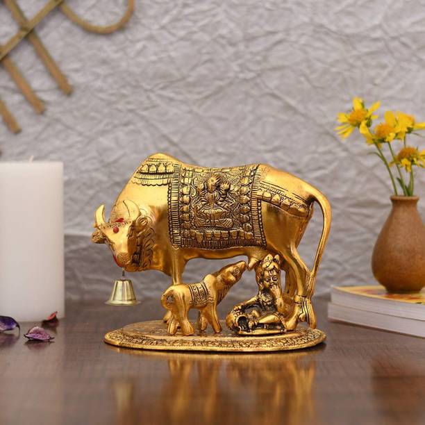 CraftVatika Kamdhenu Cow With Krishna Idol Metal Set Of 10 Calf Decorative Showpiece  -  17.7 cm