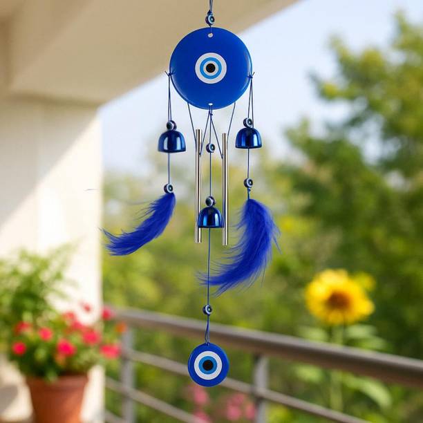 sculpmart Evil Eye (Dream Catcher) Style Wind Chime With 2 Wings& 3 Bells For Home&Balcony Decorative Showpiece  -  58 cm