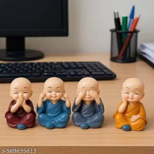 Takshvi Sales Baby Monk Buddha Idols Set of 4 – Multicolour Polyresin Decorative Showpiece Decorative Showpiece  -  5 cm