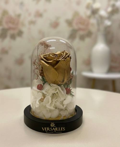 Versailles Eternal Golden Rose Glass Dome - Luxury Preserved Golden Rose Gold Rose Artificial Flower