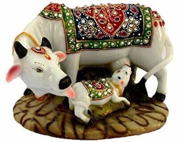 angora creations Decorative Marble dust/Polyresin Cow and Calf Big Statue | Spiritual Vastu Nandi Pooja Figurine Sculpture | Designer Stone Studded Gau MATA Animal Puja Idol Decorative Showpiece  -  7.62 cm