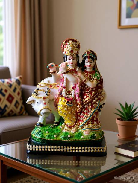 RichaSai Radha krishna cow god idol murti statue for pooja room, décor your home, office Decorative Showpiece  -  22 cm