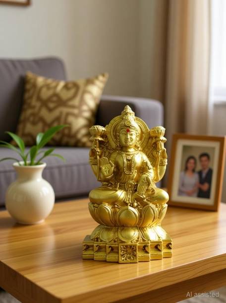 Ayyappantraders Lakshmi Devi Statue|Golden Stone Powder Lakshmi Devi Idol Decorative Showpiece  -  14 cm