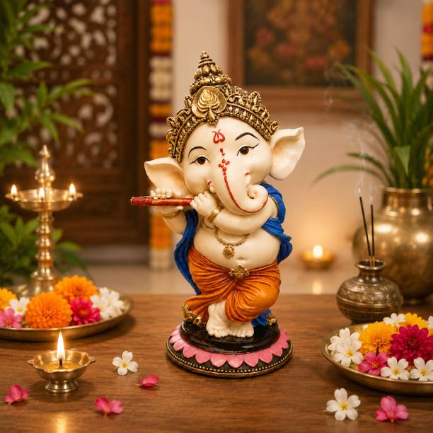 ASSASSIN 4-Inch Flute Ganesha Car Dashboard Idol | Cute Bal Ganpati Murti Decorative Showpiece - 10 cm