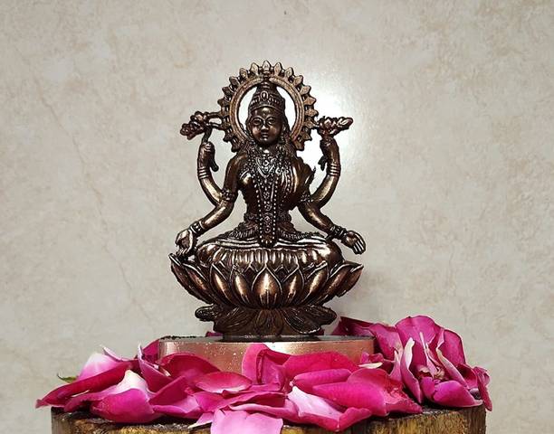 sanskaari Laxmi Devi Idol Statue Figurine Sculpture Maa Lakshmi Sitting on Lotus Flower Decorative Showpiece  -  12 cm