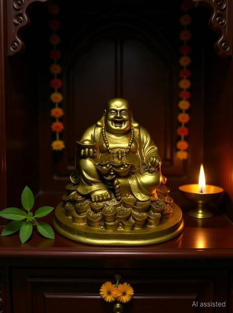 Ripe India Exclusive Fengshui Laughing Buddha Figurine for Good Luck Sitting on Lucky Coins Decorative Showpiece - 14 cm