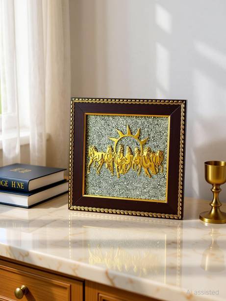 Multiagate 7 Horses on Raw Pyrite Frame | Seven Horses Wall Decor Vastu Item for Money Decorative Showpiece  -  17 cm