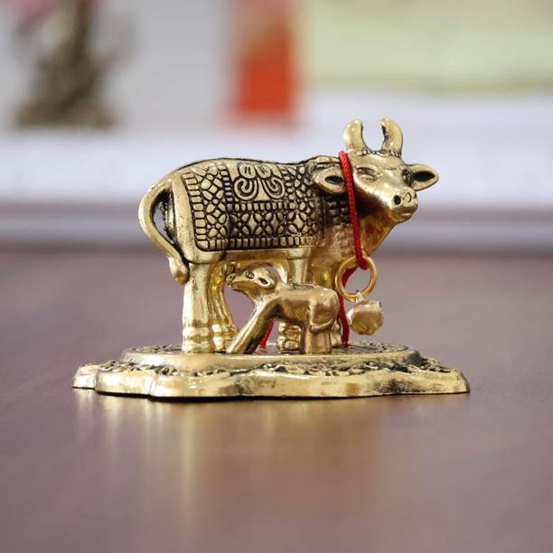 Chhariya Crafts Metal Kamdhenu Cow With Calf For Home And Office Decor Car Dashboard Gift Item Decorative Showpiece  -  5.5 cm