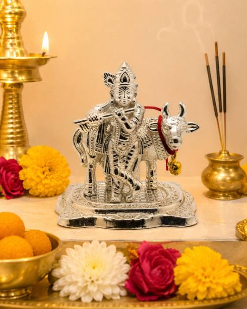 Sawariya crafted Silver Plated Lord Krishna with Cow Idol | Decorative Pooja Showpiece Decorative Showpiece  -  8 cm