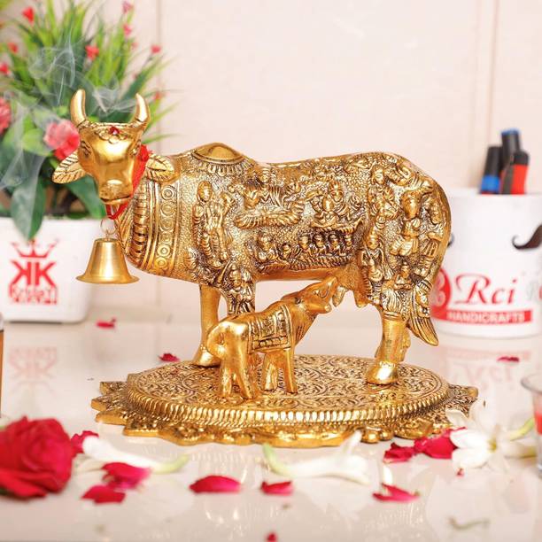 DreamKraft Plated Kamdhenu Cow with Calf Metal Statue for Good Luck Feng Shui Decorative Showpiece  -  18 cm