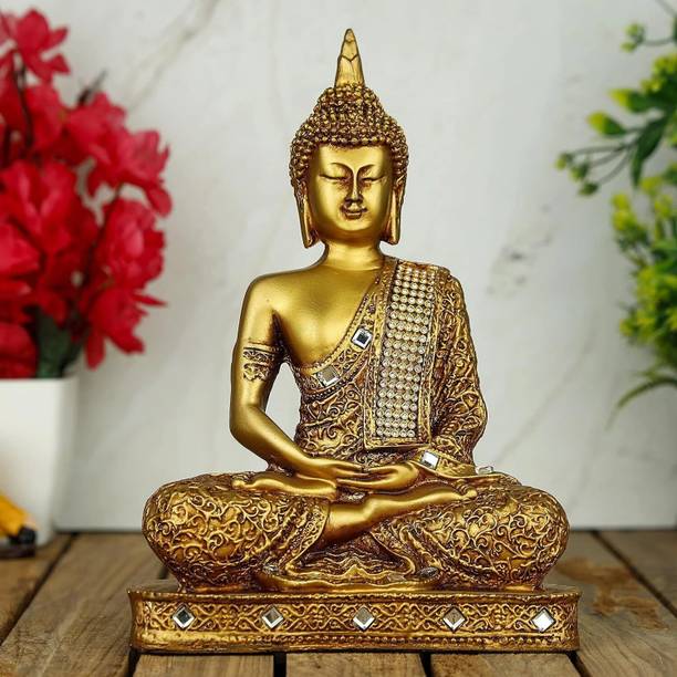 SMRK Golden Black Resin Handcrafted Meditating Lord Buddha Idol for Home Decor Decorative Showpiece  -  22 cm