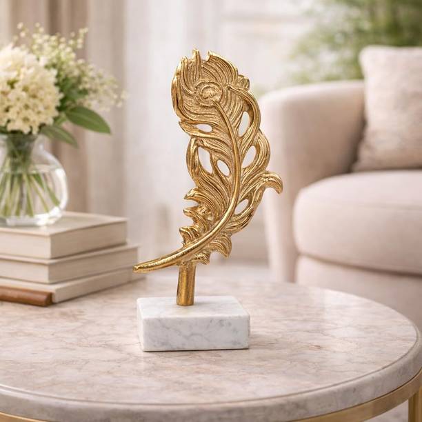 CraftVatika Metal Golden Feather Showpiece | Tabletop Home Decor Gift for All Occasions Decorative Showpiece  -  27 cm