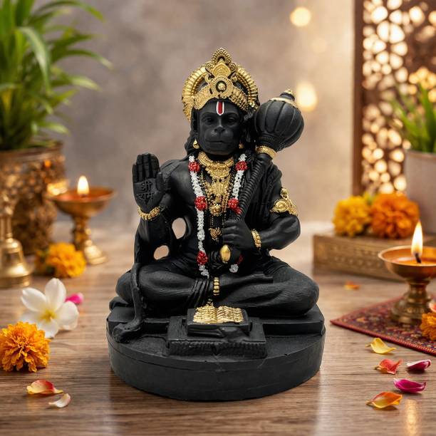 Tinyshiny Hanuman Ji Matte Black & Golden Idol for Car Dashboard Office and Gifting Decorative Showpiece  -  9 cm