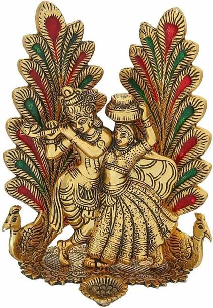 LABHCART Radha Krishna Idol Statue with Diya Peacock Design Decorative Decorative Showpiece  -  20 cm