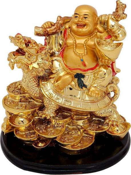 Feng Shui Art Vastu / Laughing Buddha Sitting on Dragon Tortoise For Happiness, Wealth & Goodluck� Decorative Showpiece  -  13 cm