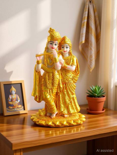 Starpion Gold Plated God of Love Radha Krishna Idol Statue,Lord Krishna Love Lotus Couple Decorative Showpiece  -  19 cm