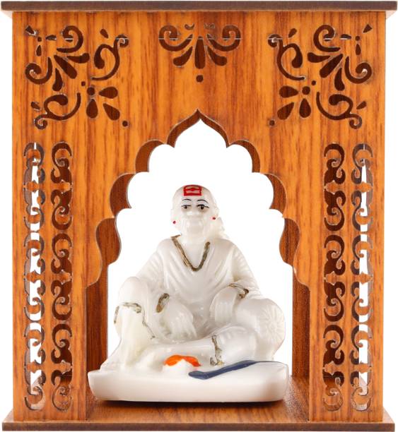 Jagriti Enterprises marble sai baba idol with wooden pooja mandir for car dashboard Engineered Wood Home Temple