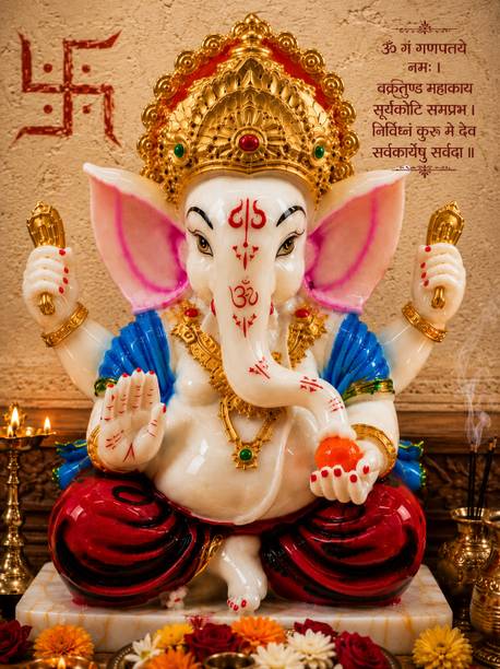 Devayam Shree Ganesh Ji | Marble Powder Murti for Home Mandir & Office | Hand Painted | Decorative Showpiece  -  25.4 cm