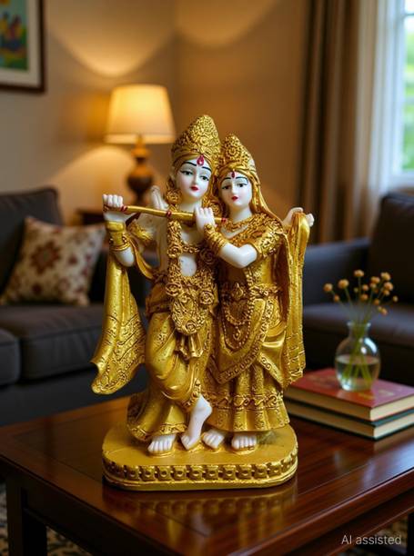 HUBZONES Antique Finish Lord Radha Krishna Love Couple Statue Hindu God Makhan chor Decorative Showpiece  -  21 cm