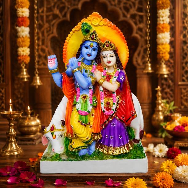 Anvit Online Store Polyresin Radha Krishna with Sacred Cow Idol Statue for Home Decor & Puja Decorative Showpiece  -  23 cm