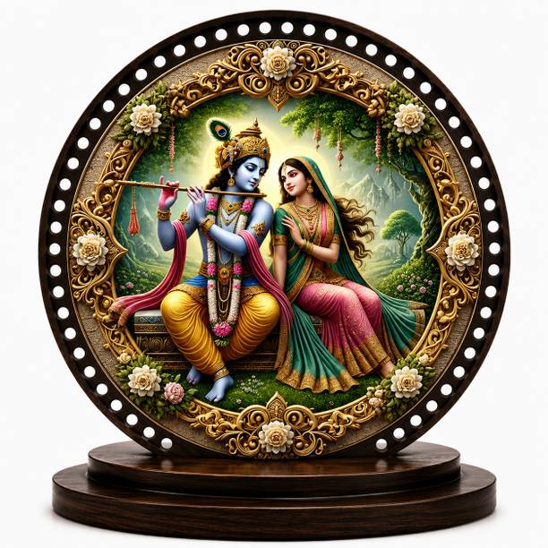 Shine Creation Shri Radha Krishna Wooden Table Decor | Premium Round MDF Krishna Decorative Showpiece - 10 cm