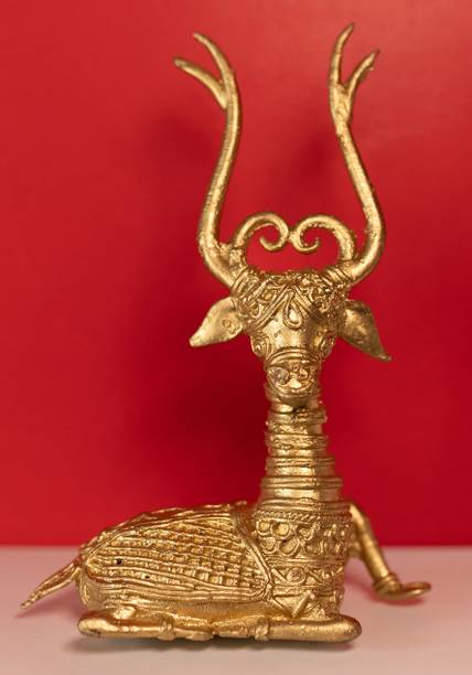 craftbazzar Golden Vintage Brass Metal Dhokra "Tribal Couple With Dhol" Tabletop Decor Decorative Showpiece  -  14 cm