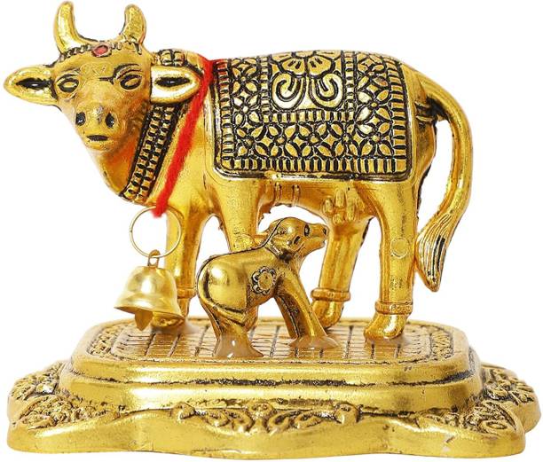 Decorcave Premium Metal Kamdhenu Cow & Calf Idol | Gold Tabletop Showpiece | Decorative Showpiece  -  7.5 cm