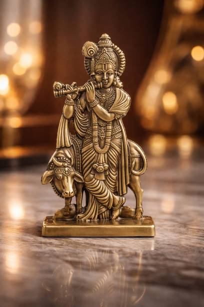 SHRI KHATUSHYAM CREATION Krishna Statue with Flute Antique Gold Finish Hindu Deity for Car Dashboard Decorative Showpiece  -  10 cm