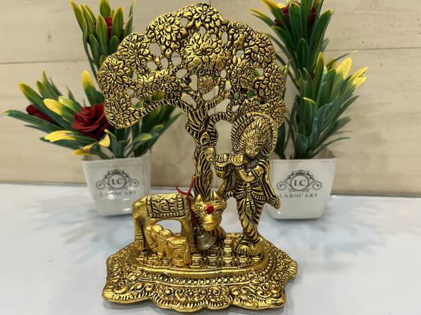 LABHCART Metal Krishna with Cow Standing Under Tree Plying Flute Decorative Showpiece Decorative Showpiece  -  17 cm