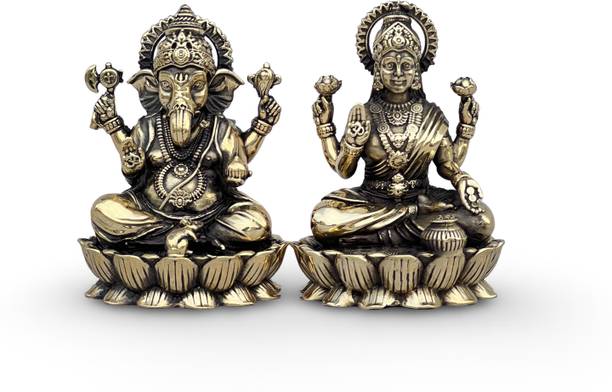 VIYURA Brass Lakshmi Ganesha Idol Set | 2.75 Inch | Antique Finish Lotus Base Home Decorative Showpiece  -  6.8 cm