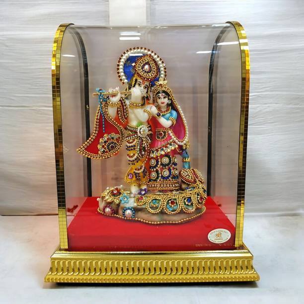 DecorNx Radha Krishna Idol in Glass Dome | Gold Plated Murti for Home & Gift Decorative Showpiece  -  23 cm