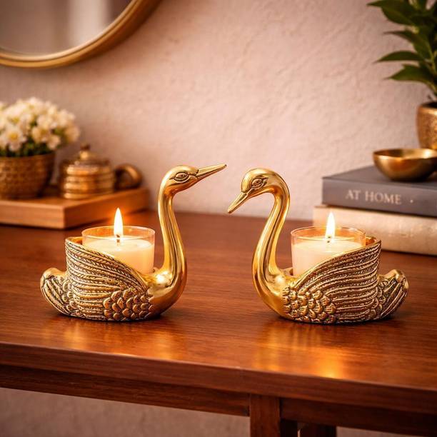 BOSCO Handicrafted Swan Tealight Candle Holder Gold Aluminium Decorative Item Decorative Showpiece  -  15 cm