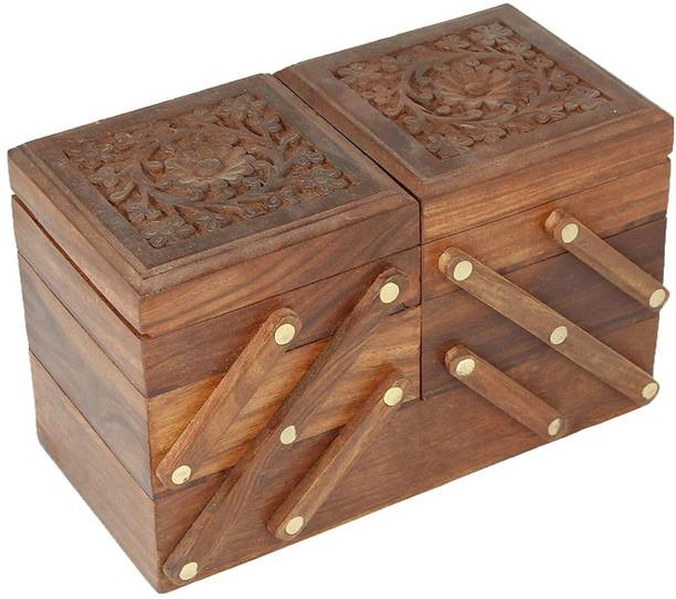 WoodAstia Hand Carved Carving and Brass work Rectangular Wooden Jewelry Box jEWEL Vanity Box