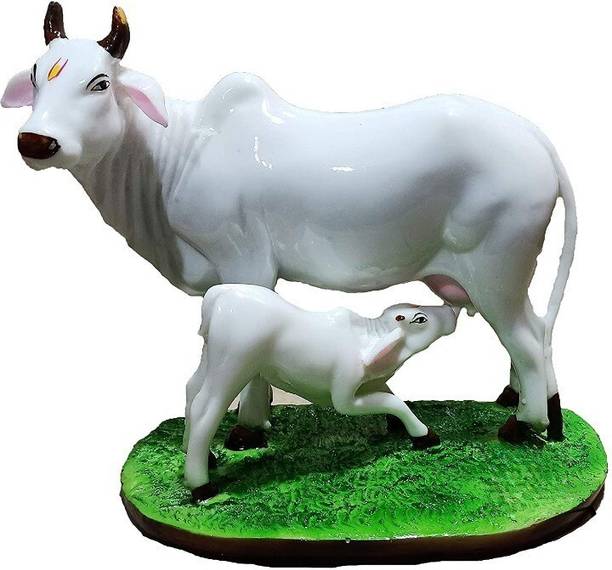S A Gifts Handicraft Decorative Marble dust/Poly-Resin Cow and Calf Big Statue/Idol for Gift Home Decor , 8-inch (Multi Colour) डेकोरेटिव शोपीस - 21 cm