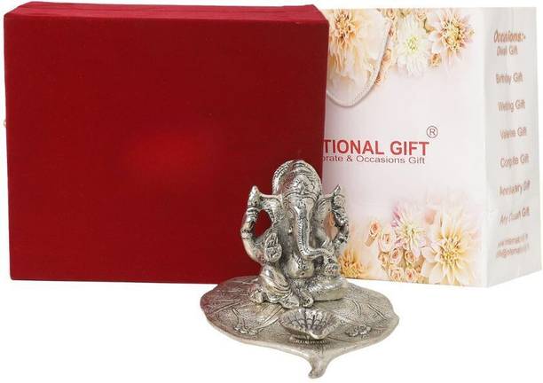 INTERNATIONAL GIFT Silver Plated Patta Ganesh Idol Statue With Box & Bag | For Pooja, Mandir Religious Tile