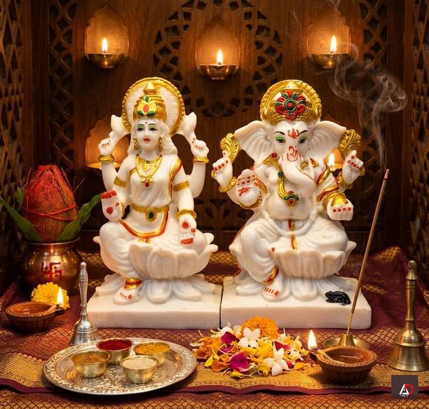 ANI DIVINE Premium White Marble Finish Lakshmi Ganesh Idol Set for diwali puja Decorative Showpiece  -  17 cm