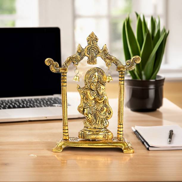 MehakElite Radha Krishna Jhula Idol with Hanging Bells, Golden Metal Finish Decorative Showpiece - 23 cm