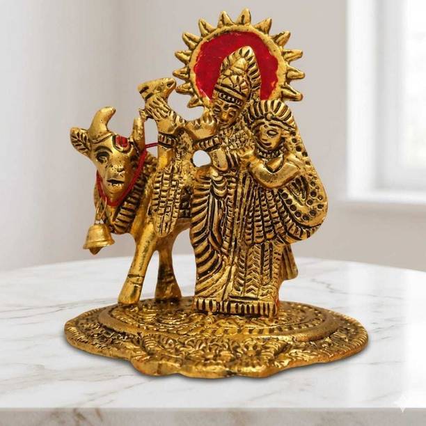 SHIV BABA HANDI CRAFT Golden Radha Krishna Cow Idol Decorative Showpiece  -  11 cm