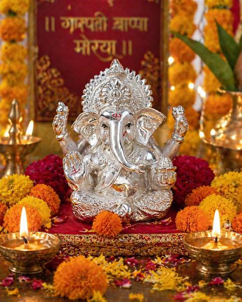 AVNEEL Pure Silver Plated Ganesha 3.5" Perfect for Gifting, Home Decor, Car Dashboard Decorative Showpiece  -  9 cm