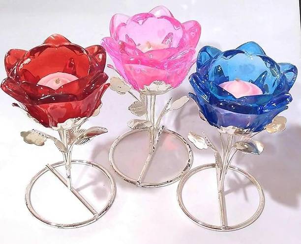 DIKSHA PRODUCTS Silver Plated Candle Stand with Glass Rose,Candle Holder HOME,OFFICE,GIFT Decorative Showpiece  -  12 cm