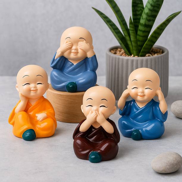 CW Set of 4 Monk Buddha Home Decor , Office Decor & Car Decor Gift Set Decorative Showpiece  -  10 cm