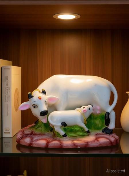 AROHI ENTERPRISES Decorative Cow and Calf big Statue | Marble dust | Poly-Resin | Spiritual Vastu Nandi Pooja Figurine Sculpture | Kamdhenu Marble Studded Gau Mata Animal Puja Idols Showpieces 6-inch Decorative Showpiece - 12 cm