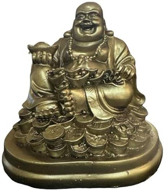 VIBHSA Resin Fengshui Laughing Buddha with Golden Ingot - Home Decoration Gift Decorative Showpiece  -  5 cm